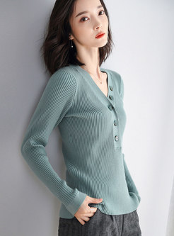 V-neck Pullover Slim Sweater With Buttons
