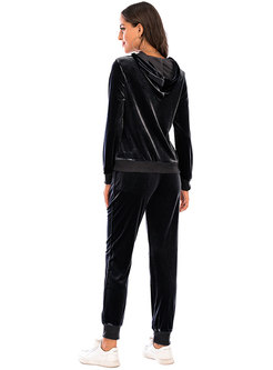 Hooded Solid Casual Velvet High Waisted Pant Suits