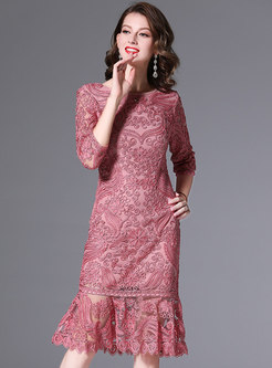 3/4 Sleeve Embroidered Mesh Peplum Dress
