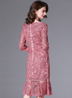 3/4 Sleeve Embroidered Mesh Peplum Dress