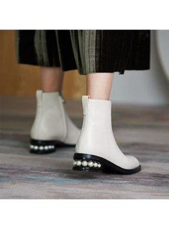 Rounded Toe Pearl Chunky Heel Short Boots