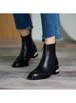 Rounded Toe Pearl Chunky Heel Short Boots