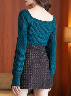 Square Neck Lantern Sleeve Bowknot Sweater