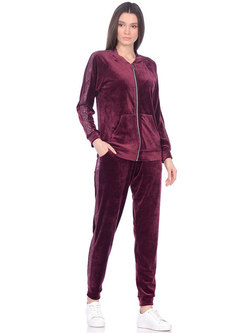 Solid Long Sleeve Casual Velvet Pant Suits
