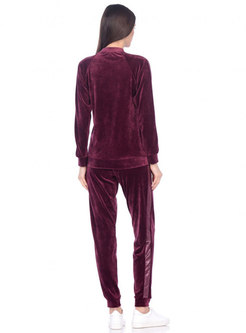Solid Long Sleeve Casual Velvet Pant Suits