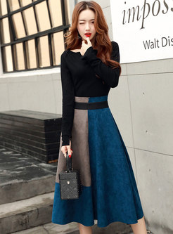 Boat Neck Color-blocked A Line Skirt Suits