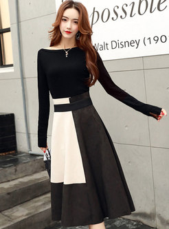 Boat Neck Color-blocked A Line Skirt Suits