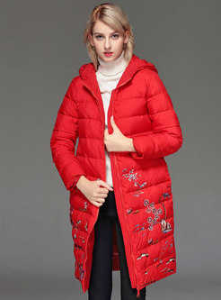 Hooded Embroidered Straight Puffer Coat