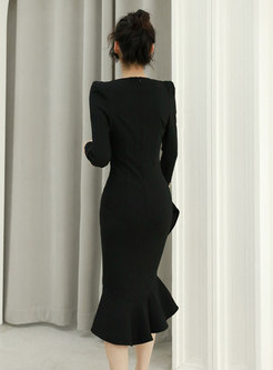 Black V-neck Ruffle Sheath Peplum Dress