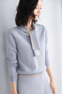 V-neck Ribbon Color-blocked Pullover Sweater