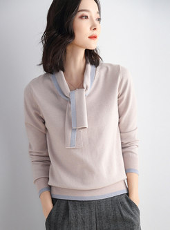 V-neck Ribbon Color-blocked Pullover Sweater