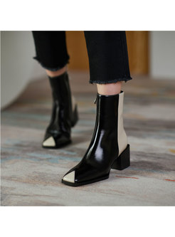 Square Neck Color-blocked Chunky Heel Boots