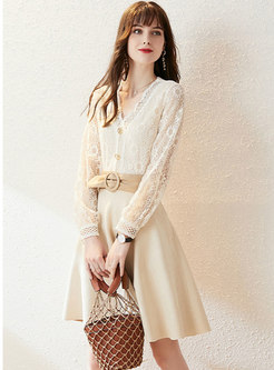 Openwork Lace Patchwork Suede A Line Skirt Suits