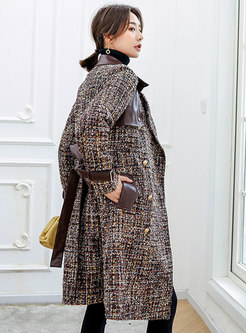 Notched Collar Leather Patchwork Tweed Coat