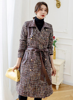 Notched Collar Leather Patchwork Tweed Coat