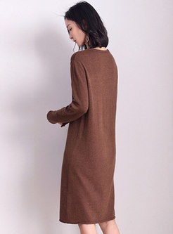 V-neck Knee-length Loose Sweater Dress