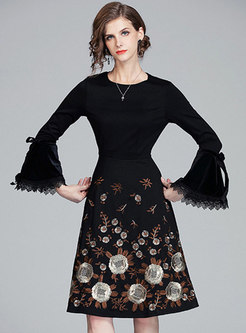Black Flare Sleeve Embroidered A Line Dress