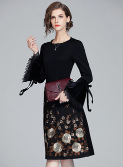 Black Flare Sleeve Embroidered A Line Dress