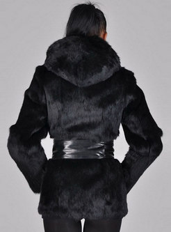 Hooded Slim PU Patchwork Short Faux Fur Coat