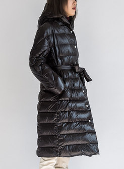 Solid Hooded Tied Long Puffer Coat