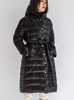 Solid Hooded Tied Long Puffer Coat