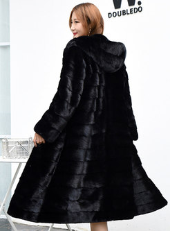 Black Straight Hooded Mid-calf Faux Fur Coat