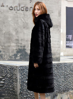 Black Straight Hooded Mid-calf Faux Fur Coat