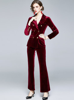 Notched Double-breasted High Waisted Velvet Panda Suits