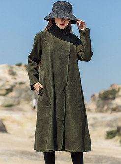 Mock Neck Straight Long Overcoat With Pockets