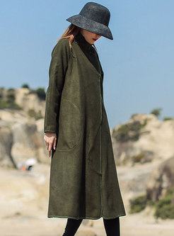 Mock Neck Straight Long Overcoat With Pockets