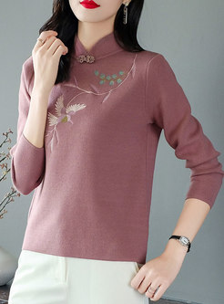 Mandarin Collar Embroidered Slim Sweater