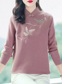 Mandarin Collar Embroidered Slim Sweater