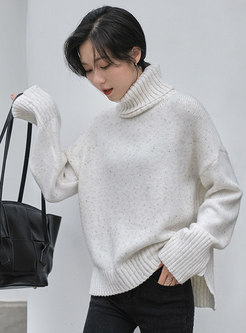 Turtleneck Loose Pullover Asymmetric Sweater