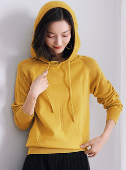 Solid Pullover Hooded Drawstring Sweater