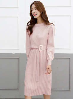 Crew Neck Belted A Line Pleated Knitted Dress