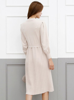 Crew Neck Belted A Line Pleated Knitted Dress