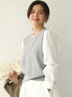 Color-blocked Puff Sleeve Knit Top