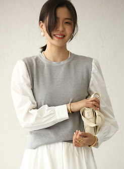 Color-blocked Puff Sleeve Knit Top