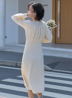 Lantern Sleeve Ruched Knitted Midi Dress