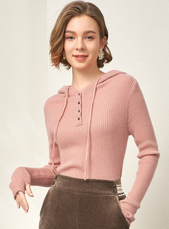 Hooded Drawstring Pullover Slim Sweater
