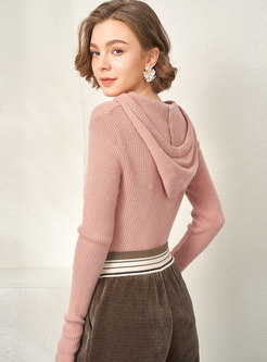 Hooded Drawstring Pullover Slim Sweater