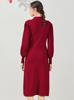 V-neck Beaded Empire Waist Knitted Dress