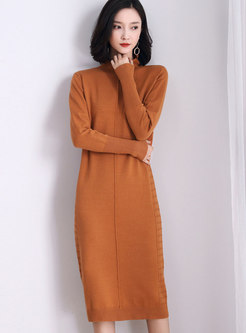Turtleneck Long Sleeve Midi Knitted Dress