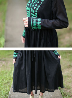 Black Embroidered Drawstring A Line Maxi Dress