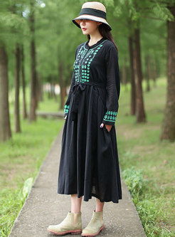 Black Embroidered Drawstring A Line Maxi Dress