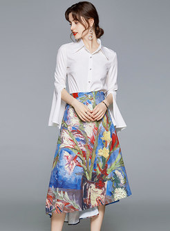 Split Flare Sleeve Print Asymmetric Skirt Suits