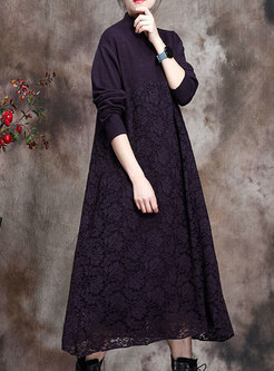 Mock Neck Knitted Patchwork Lace Shift Dress