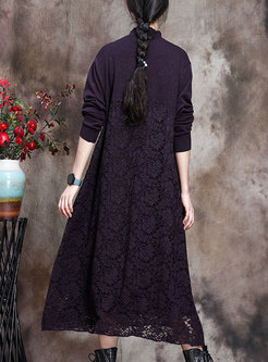 Mock Neck Knitted Patchwork Lace Shift Dress