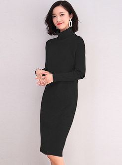 Turtleneck Solid Knitted Bodycon Dress
