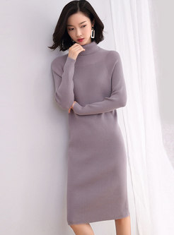 Turtleneck Solid Knitted Bodycon Dress